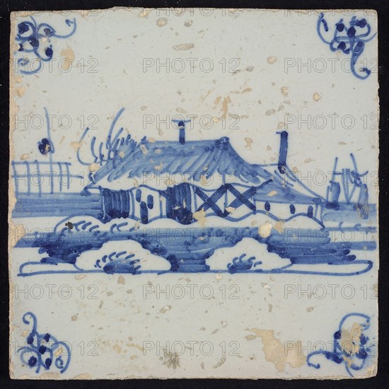 Scene tile, blue with landscape with farm, corner motif spider, wall tile tile sculpture ceramic earthenware glaze, baked 2x