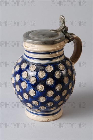 Stoneware bell jar on foot, completely covered with small appliqués, rosettes, tin lid, bullet-bell jar crockery holder soil