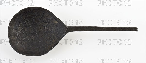 Small pewter spoon, drop-shaped bowl and square stem, decorated whole spoon in relief, spoon cutlery soil find tin metal
