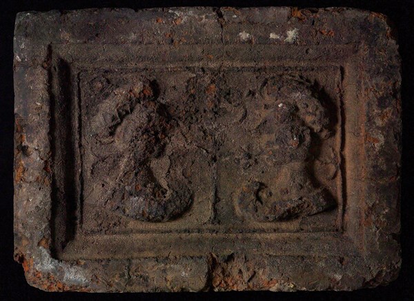 Hearthstone, Luiks, from Luik, Liege Belgium, with wide frame, with male and female head, fireplace stone fireplace component