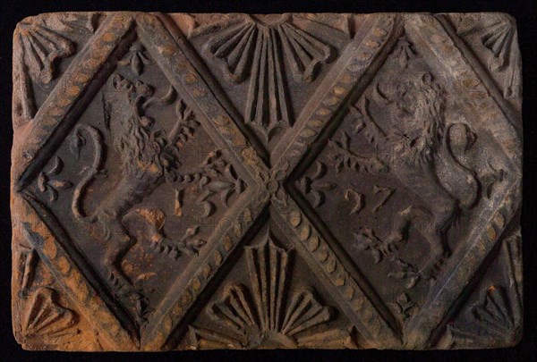 Hearthstone, from Antwerp Belgium, without frame, with lions and year, hearth fireplace part ceramics brick, baked Hearth