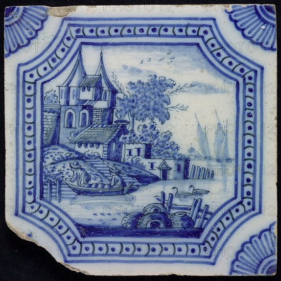 F.J. Kleyn, Scene tile, landscape with castle, corner motif quarter rosette, wall tile tile sculpture ceramic earthenware glaze