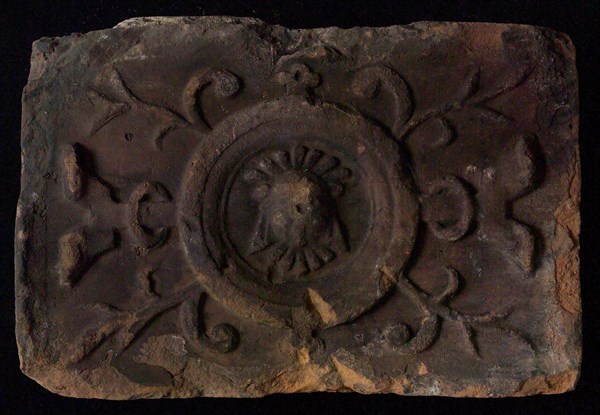 Hearthstone, from Antwerp Belgium, without frame, with mascaron, hearth fireplace component ceramics brick, baked Hearth stone