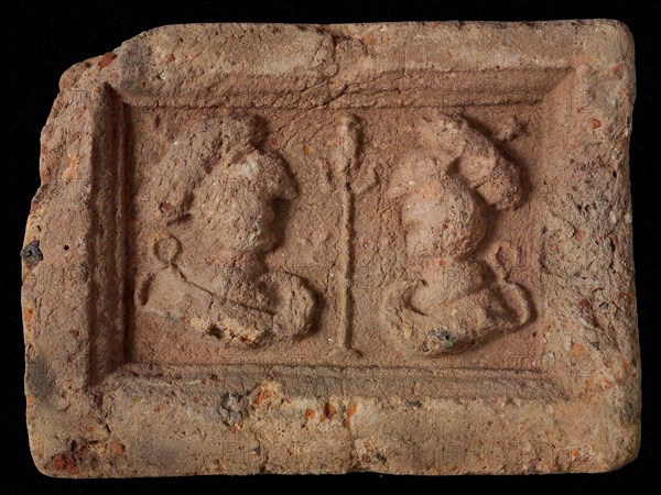 Hearthstone, Luiks, from Luik, Liege Belgium, with wide frame, with male and female head, hearth fireplace part ceramics brick