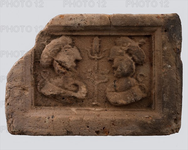 Hearthstone, Luiks, from Luik, Liege Belgium, with wide frame, with male and female head, hearth fireplace part ceramics brick
