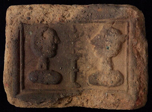 Hearthstone, Luiks, from Luik, Liege Belgium, with wide frame, with male and female head, hearth fireplace part ceramic brick