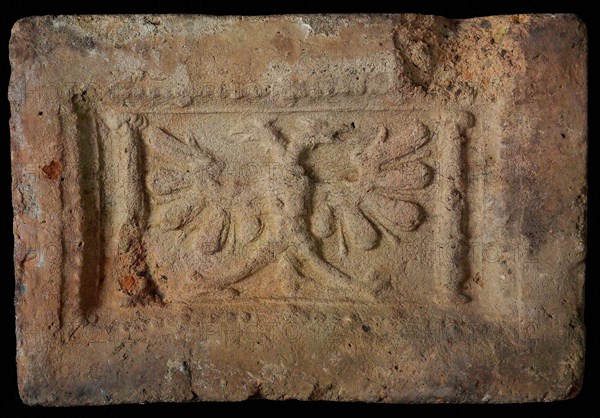 Hearthstone, Luiks, from Luik, Liege Belgium, with wide frame, with two-headed kingdom eagle, hearth fireplace part ceramics