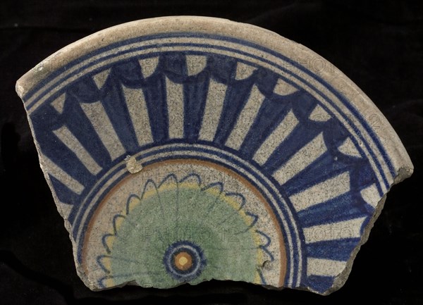 Fragment of the majolica dish, polychrome, in the middle rosette, surrounded by geometrical patterns, plate crockery holder soil
