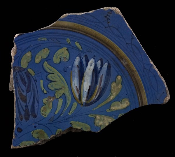 Fragment majolica dish, blue, yellow, green, white and purple on blue ground, foglie motif with tulips, dish plate crockery