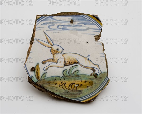 Fragment majolica dish, polychrome, jumping hare on the ground, plate dish crockery holder soil find ceramic pottery glaze