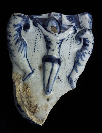 Part of faience holy water, blue on white with Christ on the cross, flanked by angels, holy water container liturgical vessel