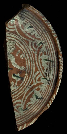 Fragment Werra plate, mirror decor Adam, year 1610, light yellow and green glaze, border with curves, plate crockery holder