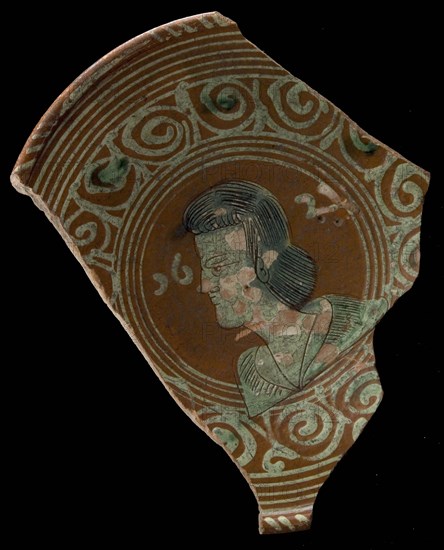 Fragment Werra plate, mirror finish bust of man, year 1621, pale yellow and green glaze, edge decor voluten, plate crockery