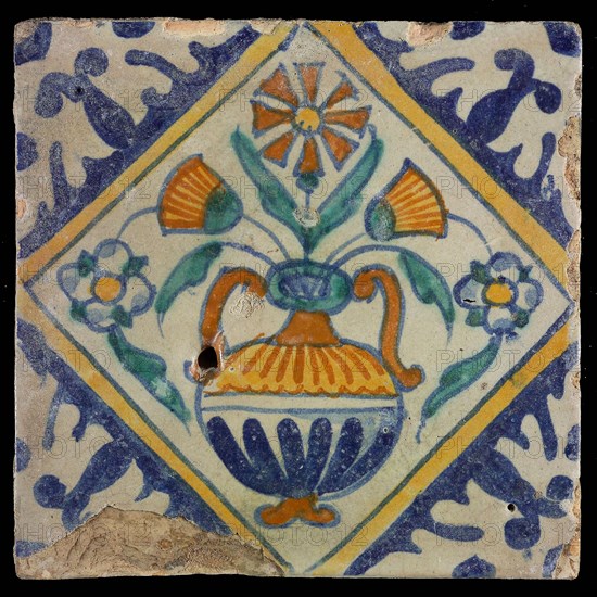 Multi-colored tile with flowerpot in square, with palm corner in saving technique, wall tile tile sculpture ceramic earthenware