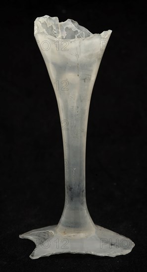 Fragments of three drinking glasses smooth round stem, conical and hexagonal stem, round base, glass soil find glass, blown