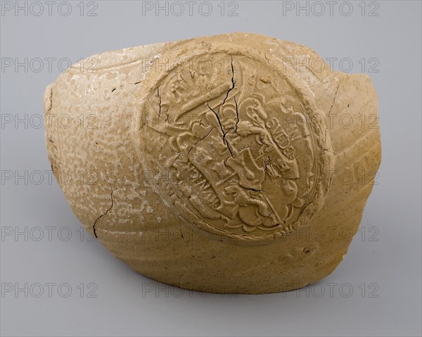 Fragments of stoneware jug, gray glazed, with cartouches, dated, jug crockery soil find ceramic stoneware glaze, hand turned