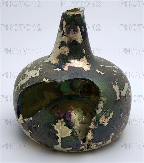 Fragment of round wine bottle with deep soul, irisation, bottle bottle wine bottle bottle holder soil find glass, free blown