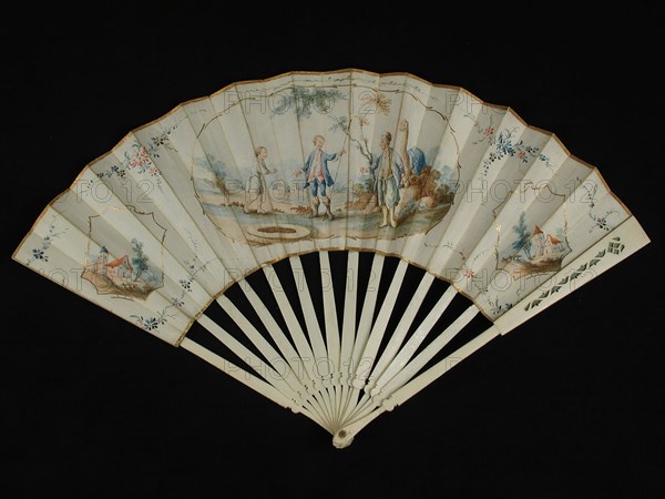 Folding fan with bone frame with stylized motifs, front and back multicolored painted parchment leaf with biblical