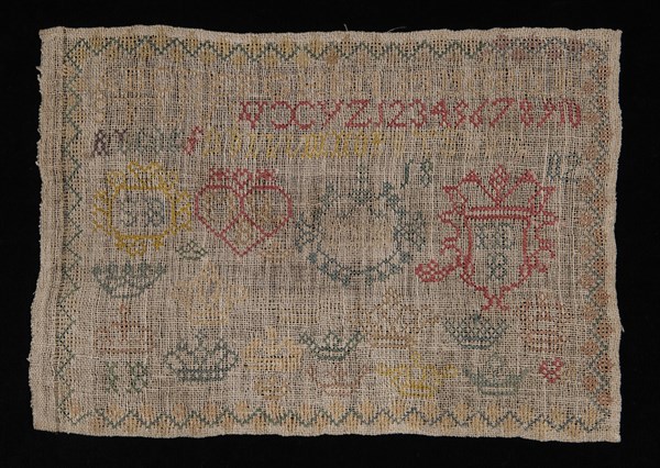 Sampler worked in cross-stitch in colored silk on loosely untreated linen, marked SB IEB 1802, sampler embroidery needlework