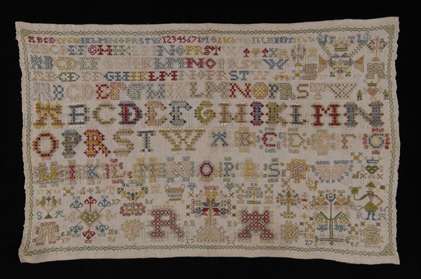 Sampler or lettercloth worked in colored silk on fine cream colored linen, marked AR ANNO 1786, lettercloth sampler embroidery