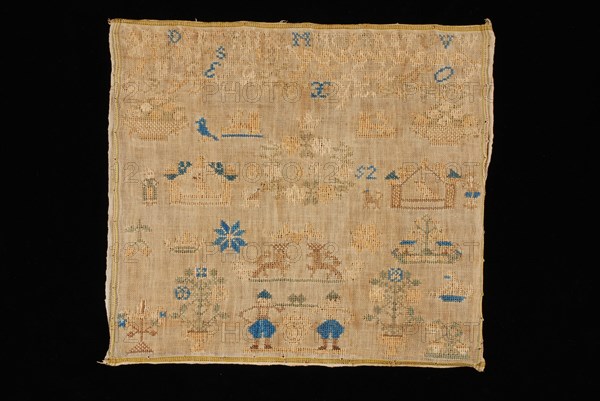 Aaltje Kemp, Sampler or letterlap worked in cross stitch in colored silk on fine linen, marked AK 1852, lettercloth sampler
