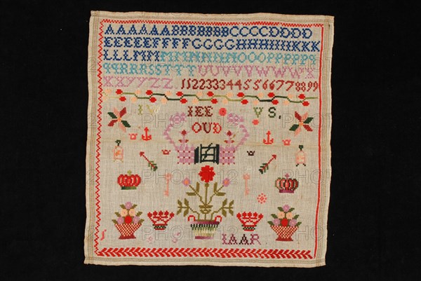 Johanna Wilhelmina van Stolk, Sampler or lettercloth worked in cross stitch in colored wool on coarse unbleached linen canvas