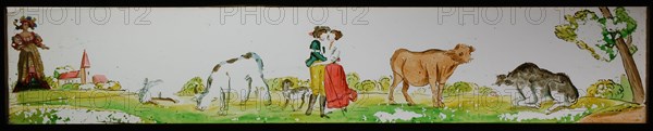 Hand-painted glass lantern plate in wooden frame, with kissing couple in landscape with cows, slide slide slideshoot images