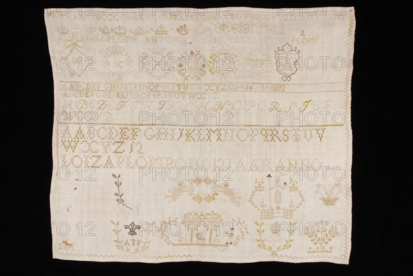 Loiza Plomp, Sampler or lettercloth worked in cross-stitch and star stitch in colored silk on bleached linen, marked LOIZA PLOMP