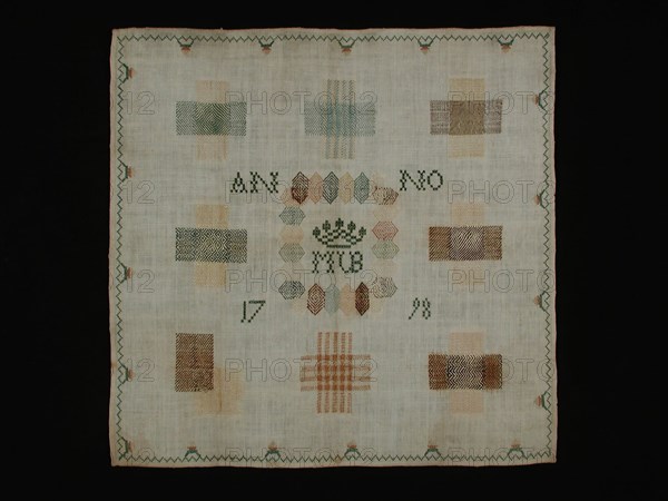 Darning sampler worked in colored silk on unbleached cotton with linen effect, marked Anno 1798 MVB, stoplap needlework footage