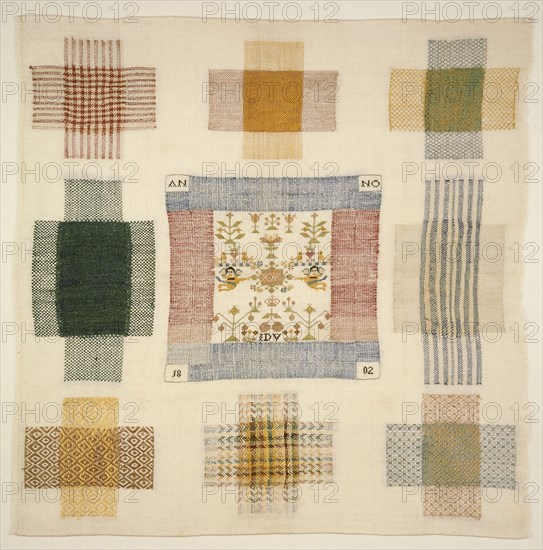 Darning sampler and sampler worked in colored silk yarn on cotton with linen effect, marked J.D.V. ANNO 1802, sampler embroidery