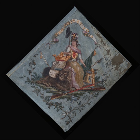 Light blue silk banner, armed Civil Guard of the craft Cool, painted, Pro Aris Et Focis, in 1785, standard information form silk