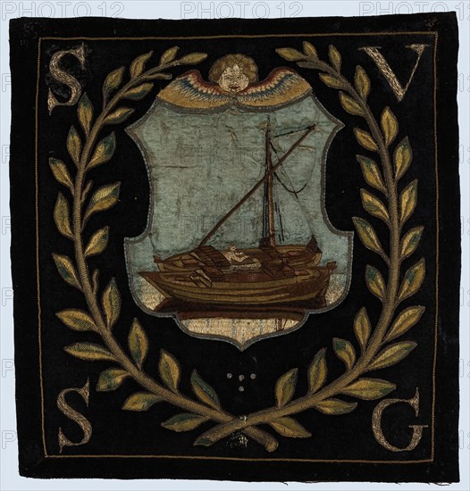 Blazon of black cloth with application depicting two boats, blazon coat of arms information form wool cotton linen jute? silk