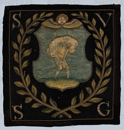 Blazon of black cloth with application depicting bag carrier, blazon coat of arms information form wool cotton linen jute? silk