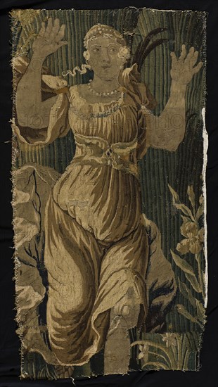Fragment of carpet in tapestry with female figure on it, carpet interior design wool silk, textile tapestry Rotterdam education