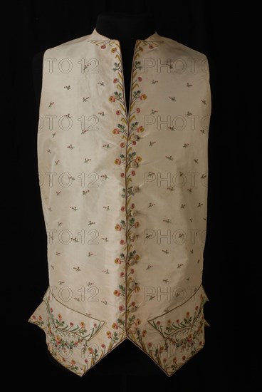 Men's vest, of cream colored silk with colored embroidery in tambouring stitch of silk, vest outerwear men's clothing silk