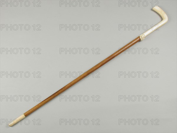 Wooden walking stick with an ivory handle, walking stick wood ivory, textile image cutting Cylindrical wooden walking stick that