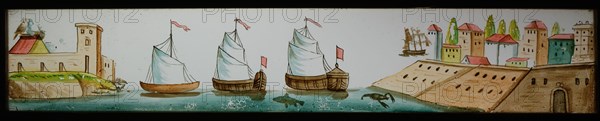 Hand-painted double glass lantern plate in wooden frame, with ships at port city, slide slide slideshoot images glass wood, Hand
