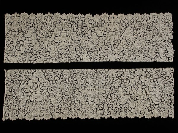 Two strips of bobbin lace, lace needlework linen, textile, Two strips of bobbin lace with serrated leaf motifs