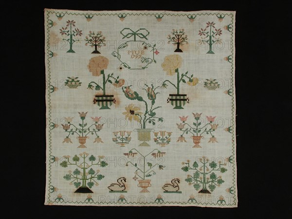 Sampler worked in cross stitch in colored silk on cream cotton with linen effect, marked MUB 1797, merklap embroidery needlework