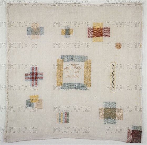 Darning sampler worked in colored silk on bleached linen, marked AAK 1747, stoplap needlework image linen silk, textile stop
