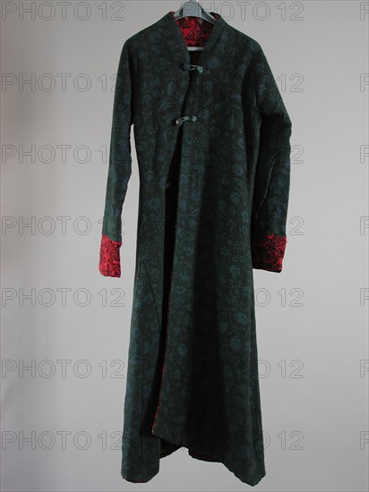 Blue woolen Japanese skirt with floral pattern in green, reversible, japonse rok outerwear men's clothing wool shoulder w 48