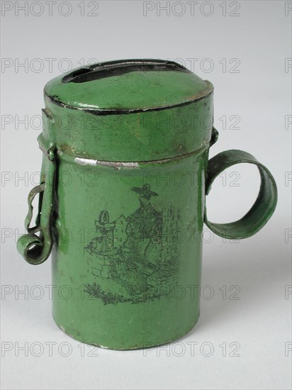 metal worker: Gresnich, Green painted cylindrical miniature tip jar, pot holder miniature toy relaxant model metal paint leather