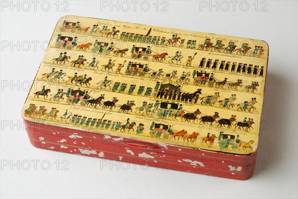 Tobacco Box with Funeral of the late H.M. Wilhelmina Queen of the Netherlands 26 octo 1837, tobacco box holder tin iron base