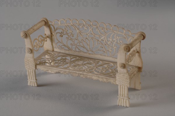 Ivory miniature bench, very fine filigree, Biedermeier, part of set, sofa upholstery furniture dolls toys toy miniature model