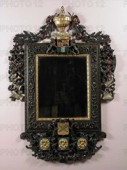 Mirror of the Rotterdam gold and silversmith guild, interior mirror interior wood glass paint, Upright rectangular format