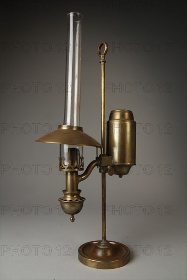 Table lamp, study lamp on high column with supporting eye, desk lamp lamp illuminant brass glass iron metal, Table lamp or desk