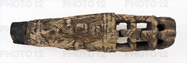 Tapered, wooden handle of knife with carved decorations and cut-away end, has knife cutlery soil finds timber w 10.8, archeology