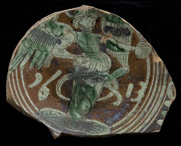 Fragment werra plate with figure and year 1613, plate crockery holder fragment earthenware pottery earthenware glaze, hand