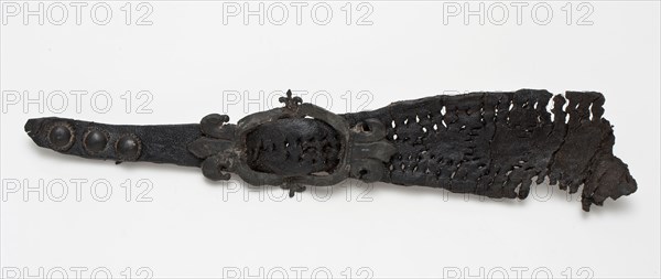 Fragment leather shoe strap with pewter ornamental buckle and fittings, buckle fastener component soil find leather tin metal
