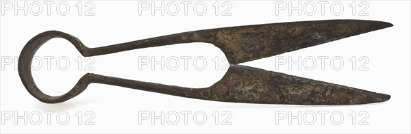 Pinch cutter with two pointed blades and round eye, pinch cutter scissor cutting tool soil find iron metal, archeology cut